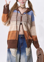 American Style Coffee Zippered Hollow Out Hooded Knit Cardigan Spring