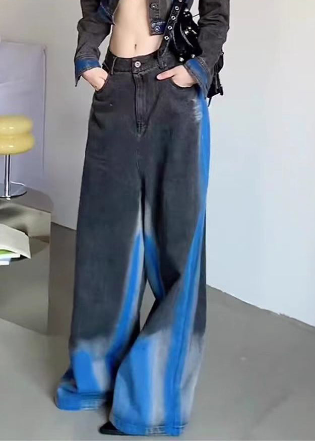 American Style Colorblock Gradient High Waist Denim Wide Leg Pants Spring