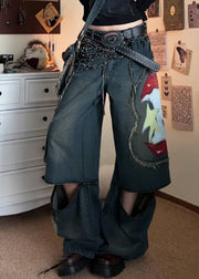 American Style Graffiti Denim Wide Leg Pants Spring