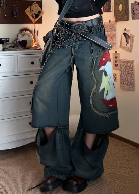 American Style Graffiti Denim Wide Leg Pants Fall