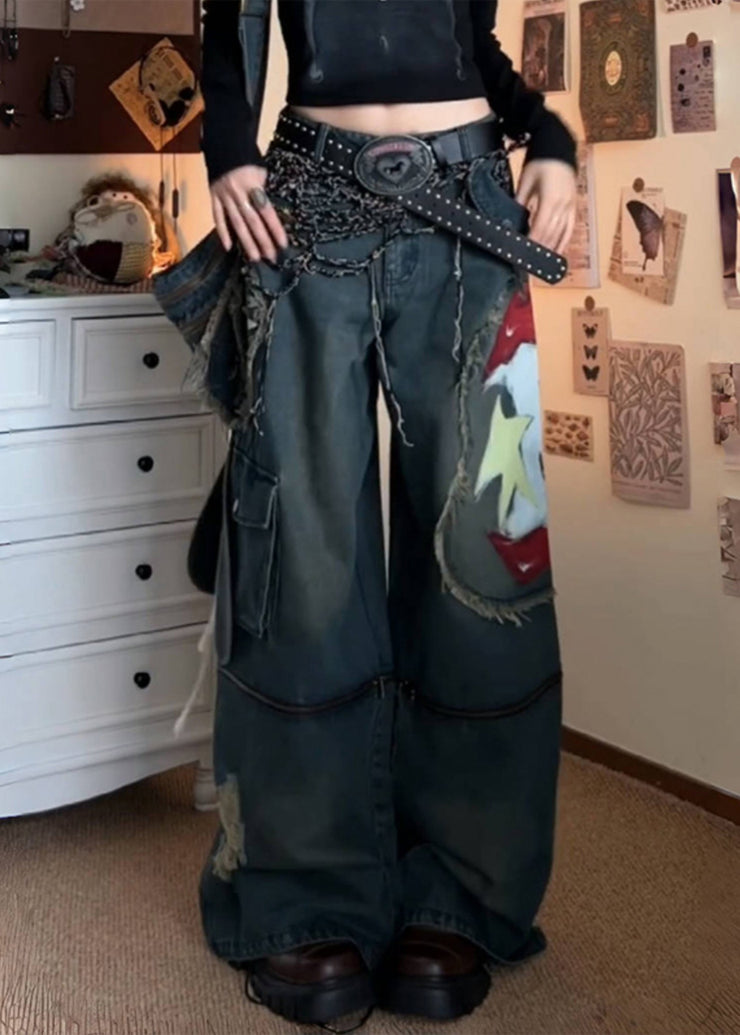 American Style Graffiti Denim Wide Leg Pants Spring