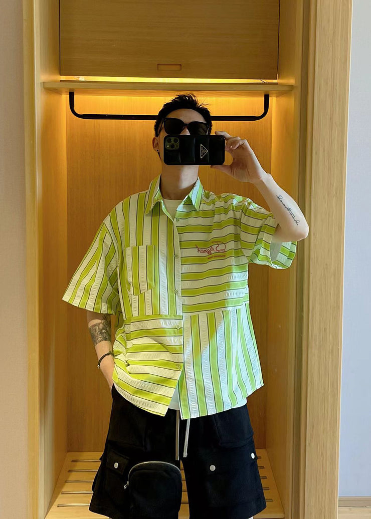 American Style Green Striped Patchwork Cotton Mens Shirts Summer