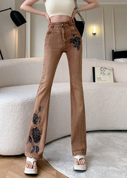 American Style Khaki Embroidered Pockets Denim Flare Bottoms Spring