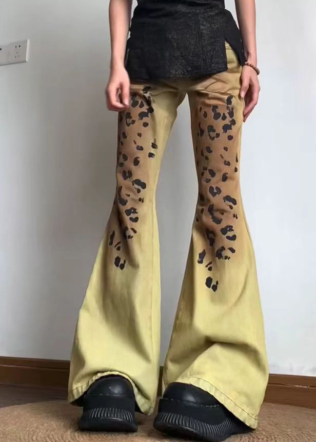 American Style Yellow Leopard Slim Fit Denim Flare Bottoms Spring