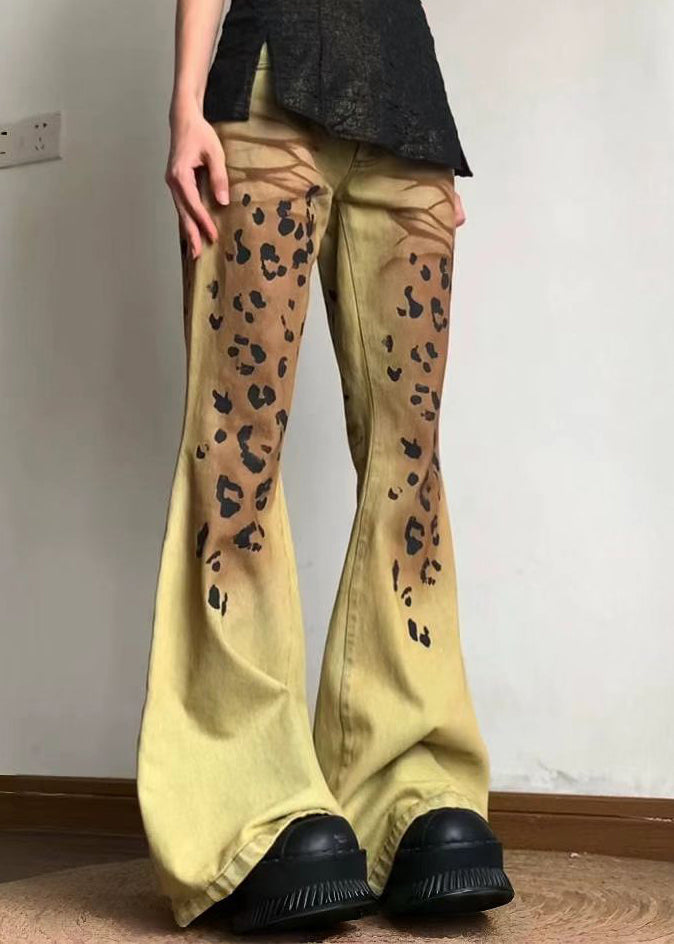 American Style Yellow Leopard Slim Fit Denim Flare Bottoms Spring