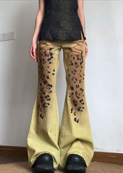 American Style Yellow Leopard Slim Fit Denim Flare Bottoms Fall