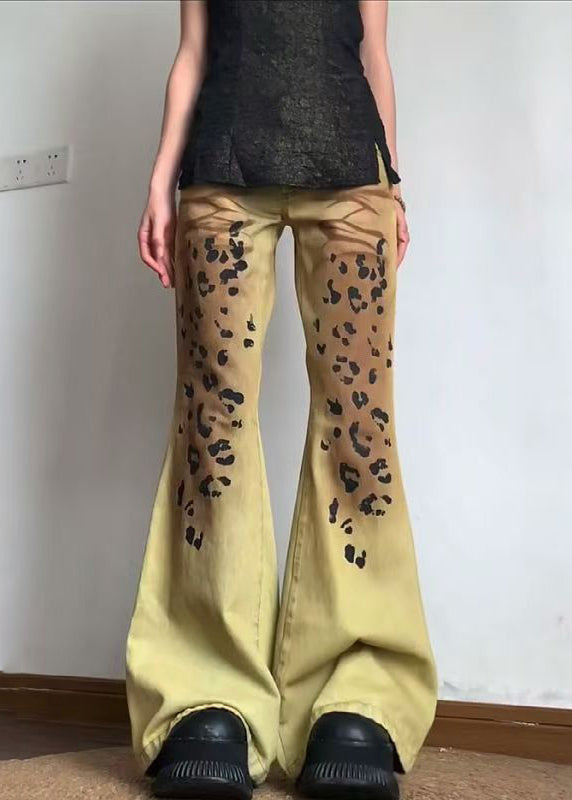 American Style Yellow Leopard Slim Fit Denim Flare Bottoms Spring