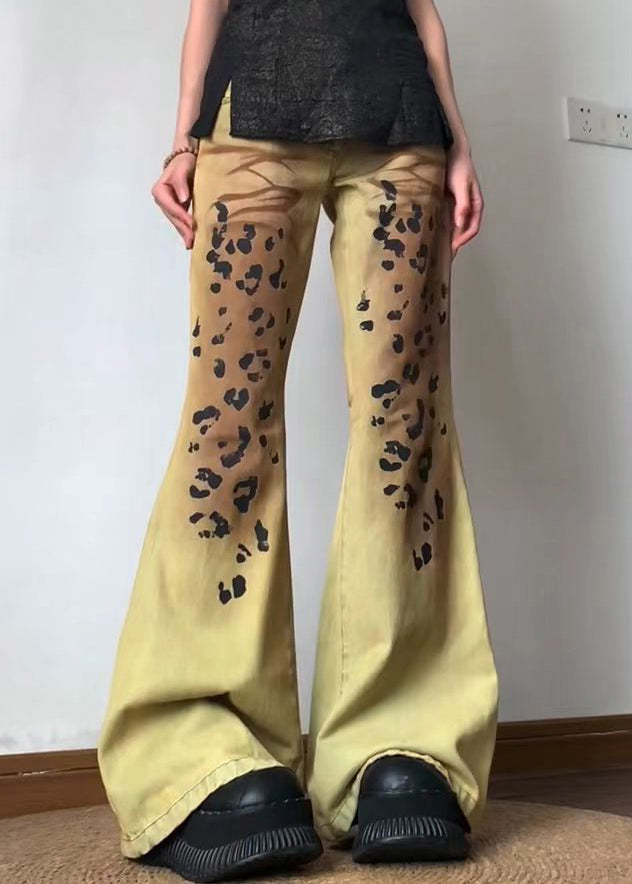 American Style Yellow Leopard Slim Fit Denim Flare Bottoms Spring