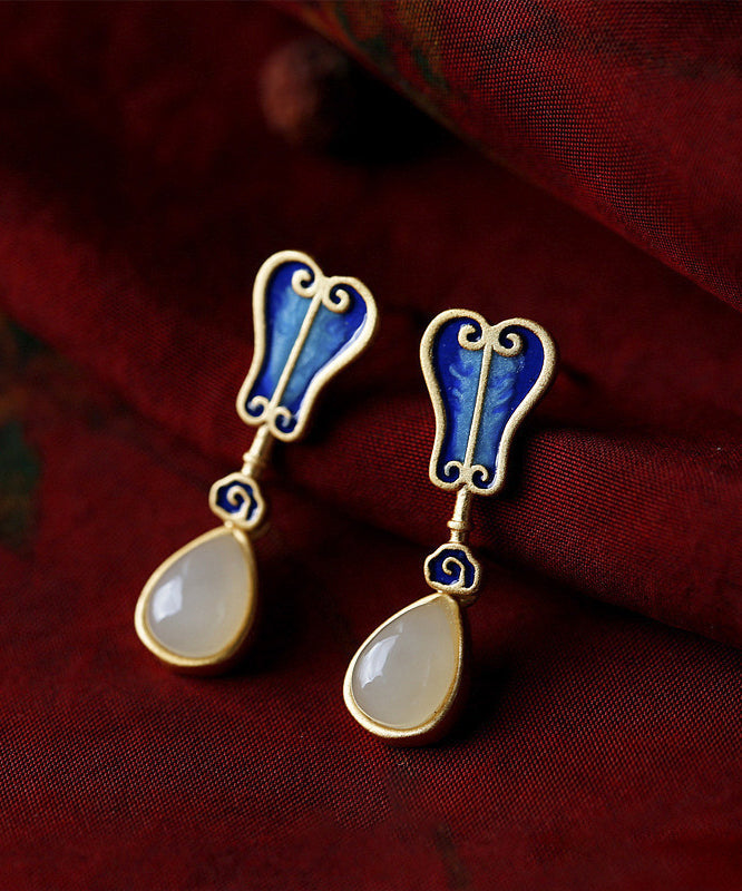 Ancient Blue Inlaid Gold Hetian Jade Ruyi Fan Stud Earrings