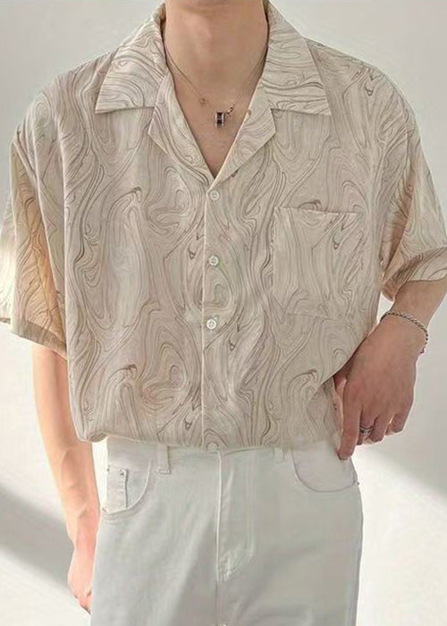 Apricot Button Cotton Men Shirt Notched Short Sleeve