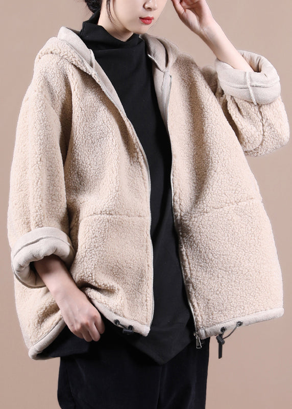 Apricot Drawstring Faux Fur Hooded Coats Fall