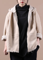 Apricot Drawstring Faux Fur Hooded Coats Fall