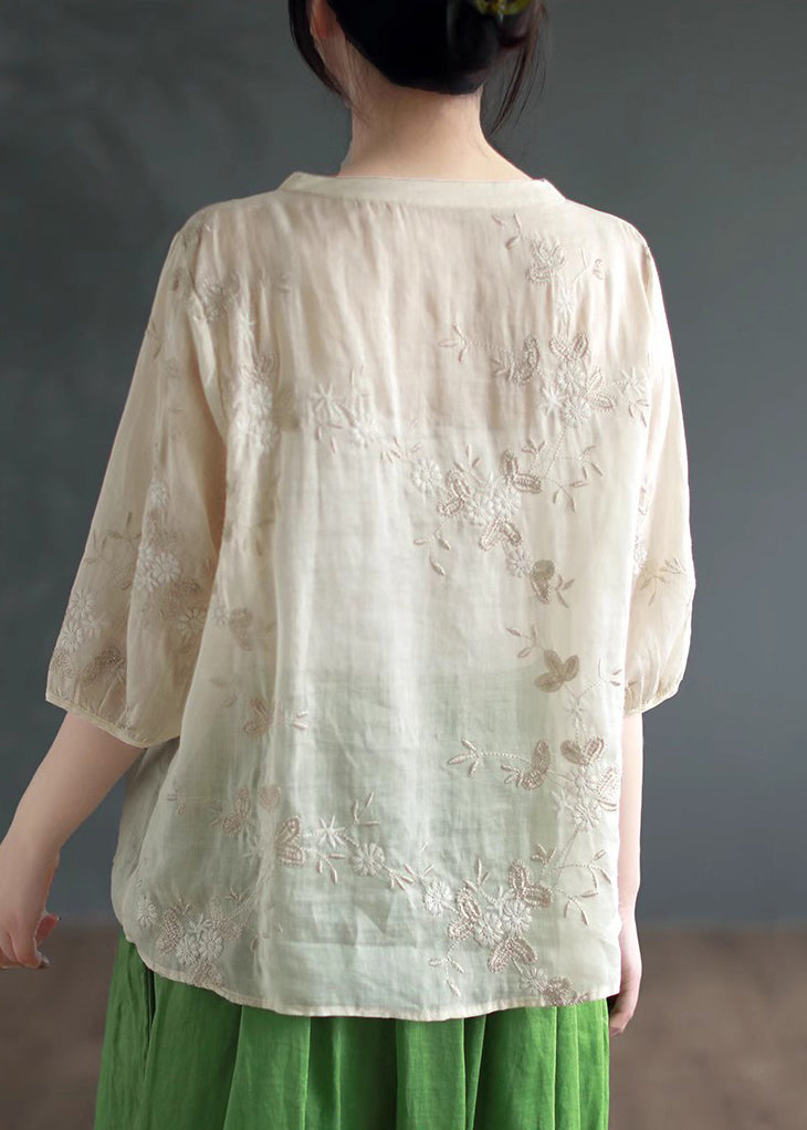 Apricot Embroidered Patchwork Linen Blouses O Neck Half Sleeve