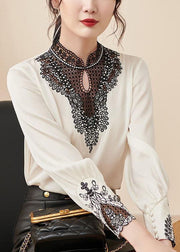 Apricot Lace Patchwork Chiffon Shirts Stand Collar Long Sleeve