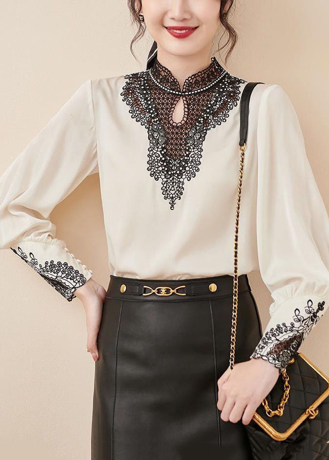 Apricot Lace Patchwork Chiffon Shirts Stand Collar Long Sleeve