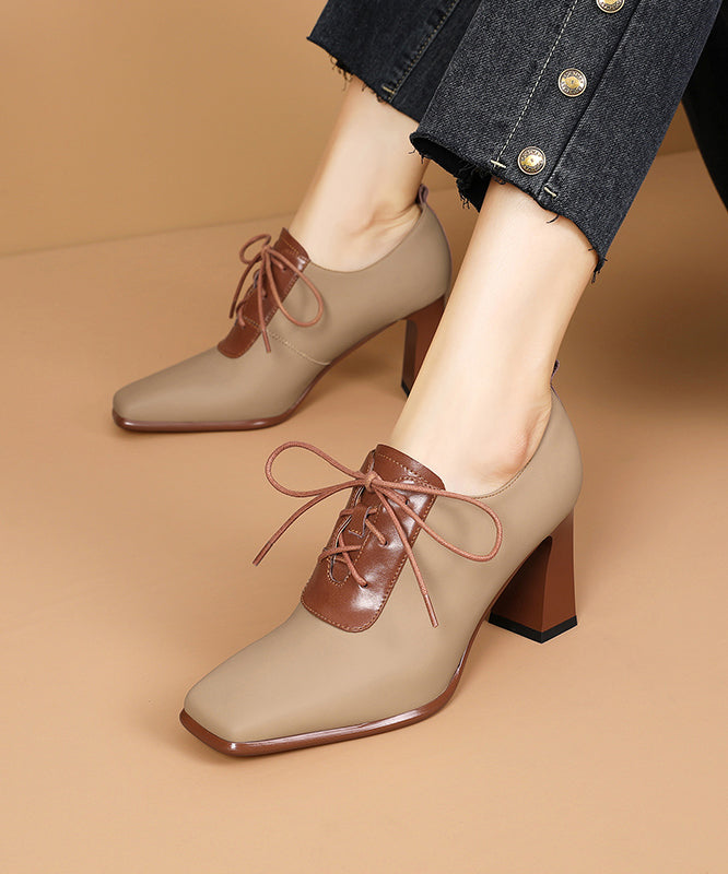 Apricot Lace Up Splicing Classy Sheepskin Chunky High Heels