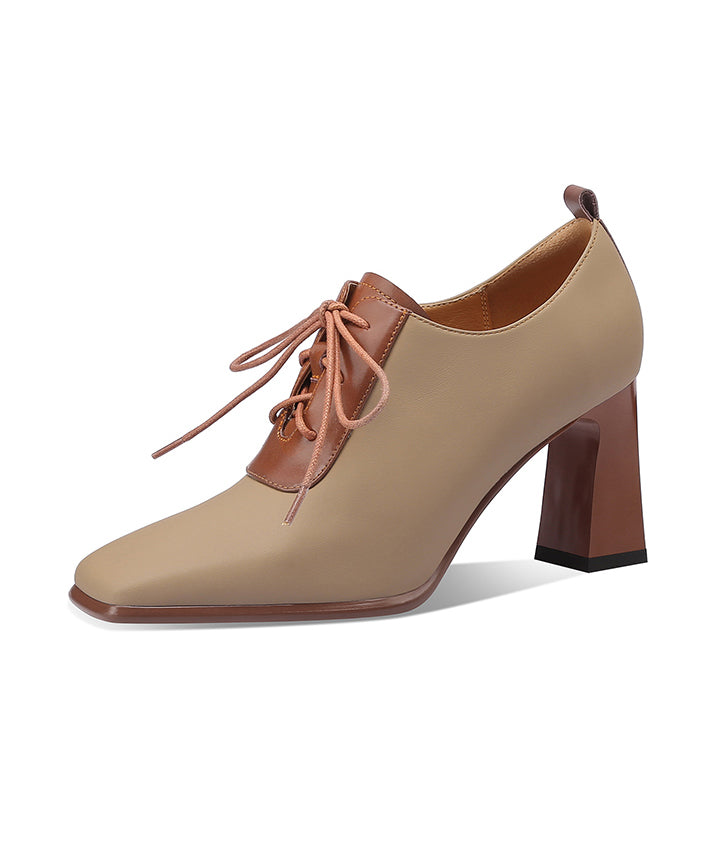 Apricot Lace Up Splicing Classy Sheepskin Chunky High Heels