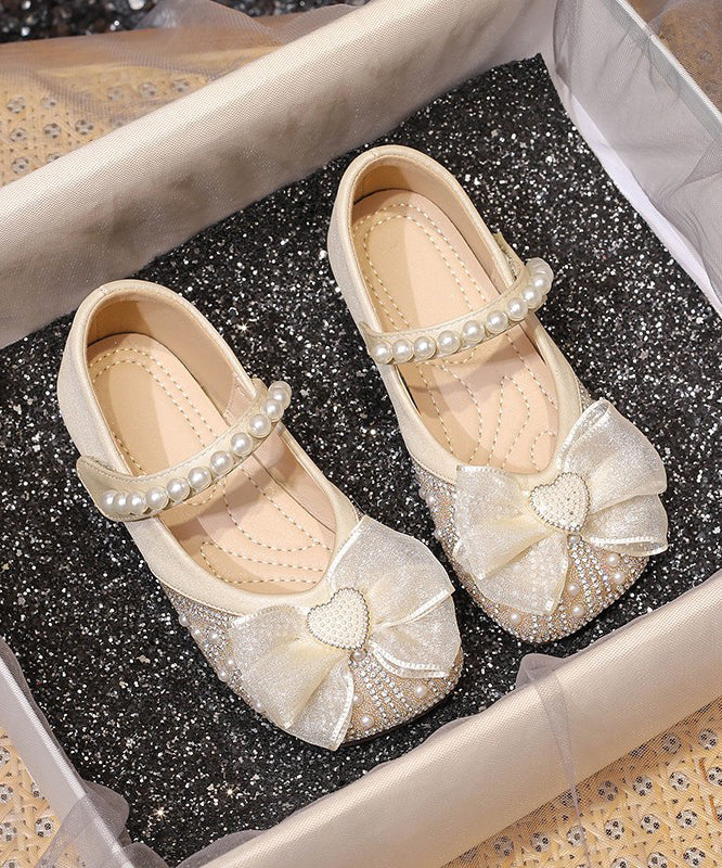 Apricot Nail Bead Zircon Buckle Strap Kids Girls Flat Feet Shoes