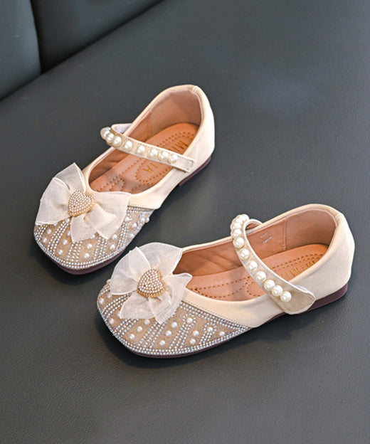 Apricot Nail Bead Zircon Buckle Strap Kids Girls Flat Feet Shoes