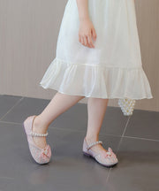 Apricot Nail Bead Zircon Buckle Strap Kids Girls Flat Feet Shoes