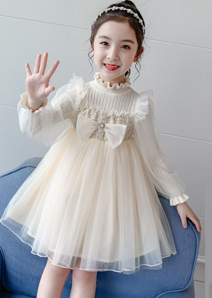 Apricot Nail bead Knit Patchwork Tulle Girls Long Dress Long Sleeve