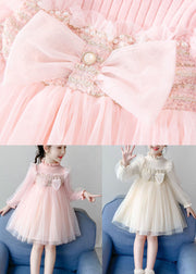 Apricot Nail bead Knit Patchwork Tulle Girls Long Dress Long Sleeve