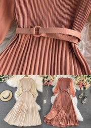 Apricot O-Neck Chiffon Sashes Long Pleated Dress Long Sleeve