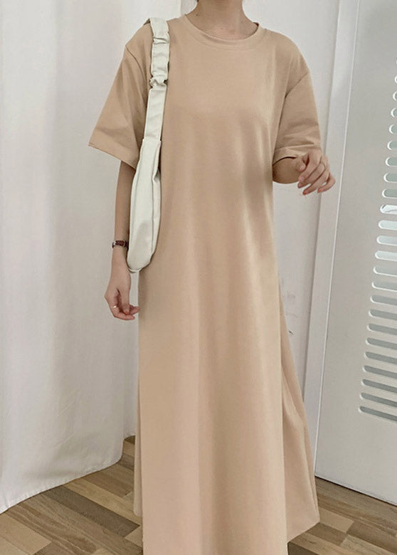 Apricot O-Neck Cozy Cotton Long Dresses Short Sleeve