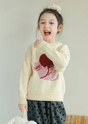 Apricot O-Neck Graphic Cotton Knit Girls Sweater Tops Spring