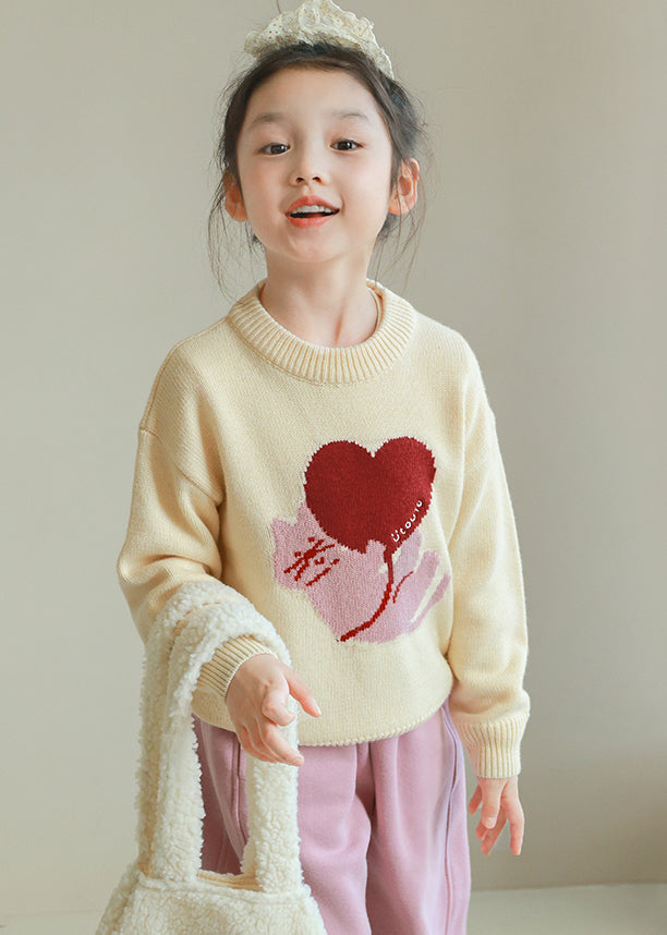 Apricot O-Neck Graphic Cotton Knit Girls Sweater Tops Spring