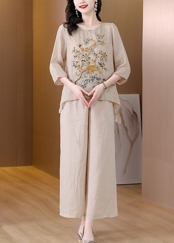 Apricot Oversized Linen Two Pieces Set Embroidered Spring