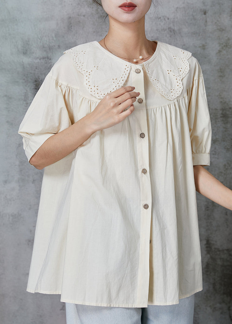 Apricot Patchwork Cotton Blouse Top Peter Pan Collar Summer