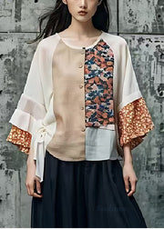 Apricot Patchwork Cotton Fake Two Piece Shirts Summer