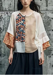 Apricot Patchwork Cotton Fake Two Piece Shirts Summer
