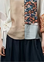 Apricot Patchwork Cotton Fake Two Piece Shirts Summer