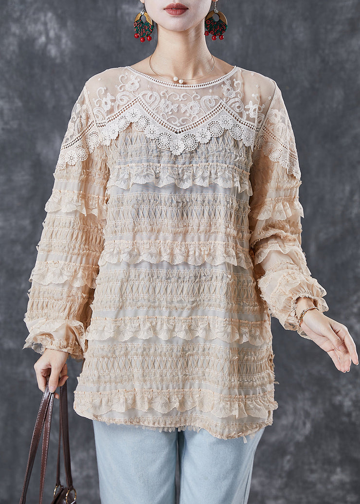 Apricot Patchwork Lace Shirt Tops Ruffled Spring