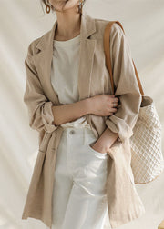 Apricot Patchwork Linen Coats Peter Pan Collar Long Sleeve