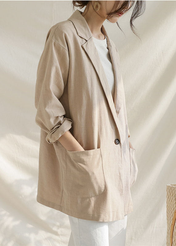 Apricot Patchwork Linen Coats Peter Pan Collar Long Sleeve