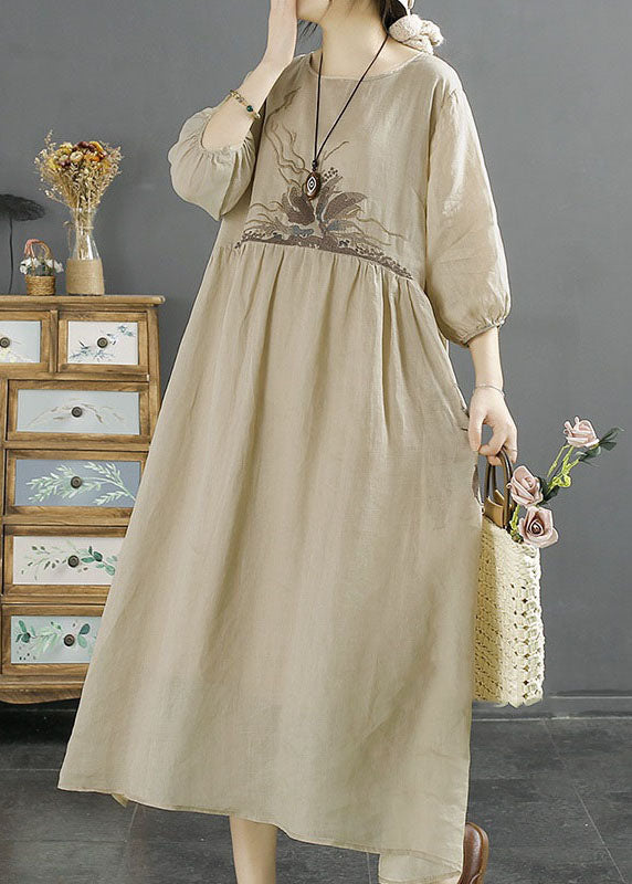 Apricot Patchwork Linen Dresses Embroideried O-Neck Wrinkled Bracelet Sleeve