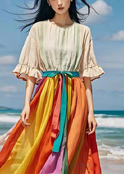 Apricot Patchwork Linen Long Dress Exra Large Hem Summer