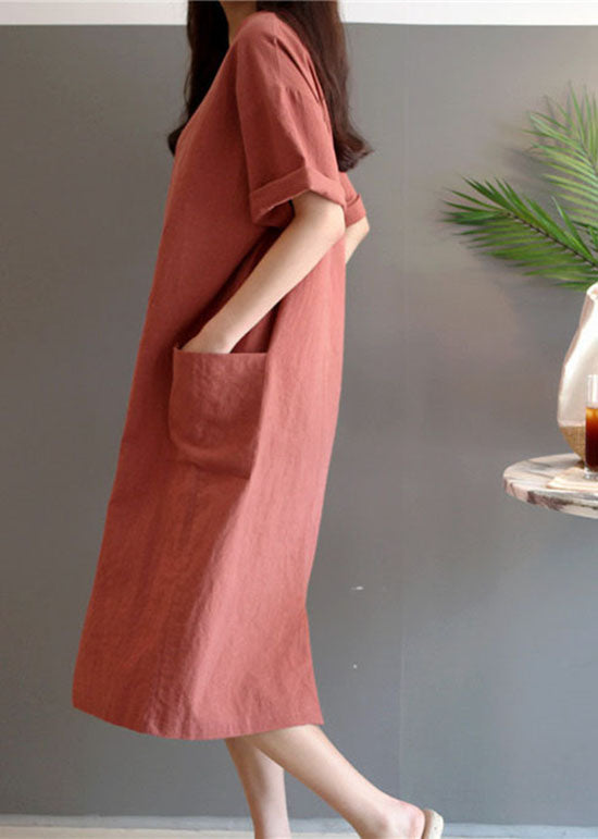 Apricot Patchwork Pockets Linen Dresses V Neck Summer