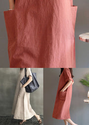 Apricot Patchwork Pockets Linen Dresses V Neck Summer