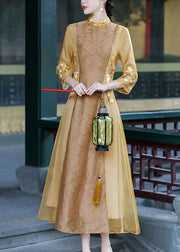 Apricot Patchwork Silk Dress Embroideried Stand Collar Spring