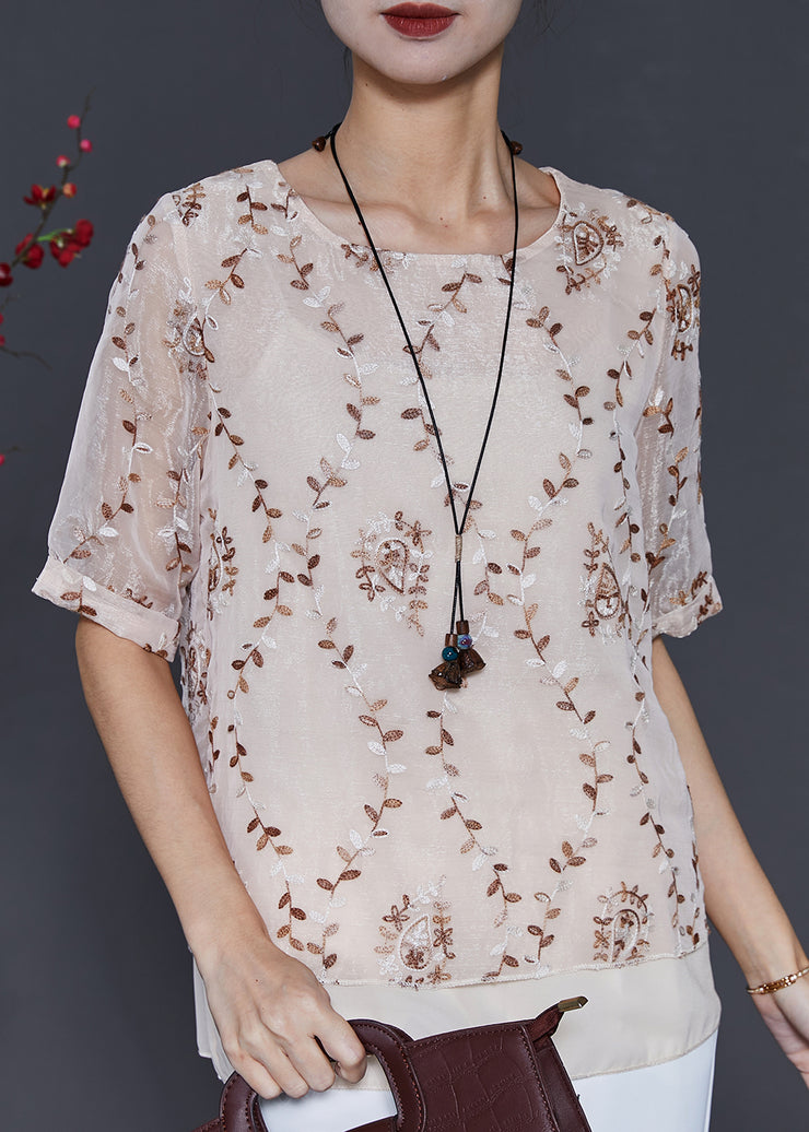 Apricot Patchwork Silk Shirt Tops Embroidered Summer
