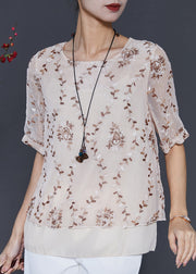 Apricot Patchwork Silk Shirt Tops Embroidered Summer