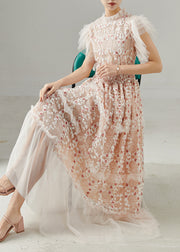 Apricot Patchwork Tulle Ankle Dress Embroidered Summer