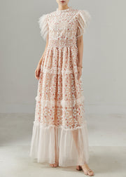 Apricot Patchwork Tulle Ankle Dress Embroidered Summer