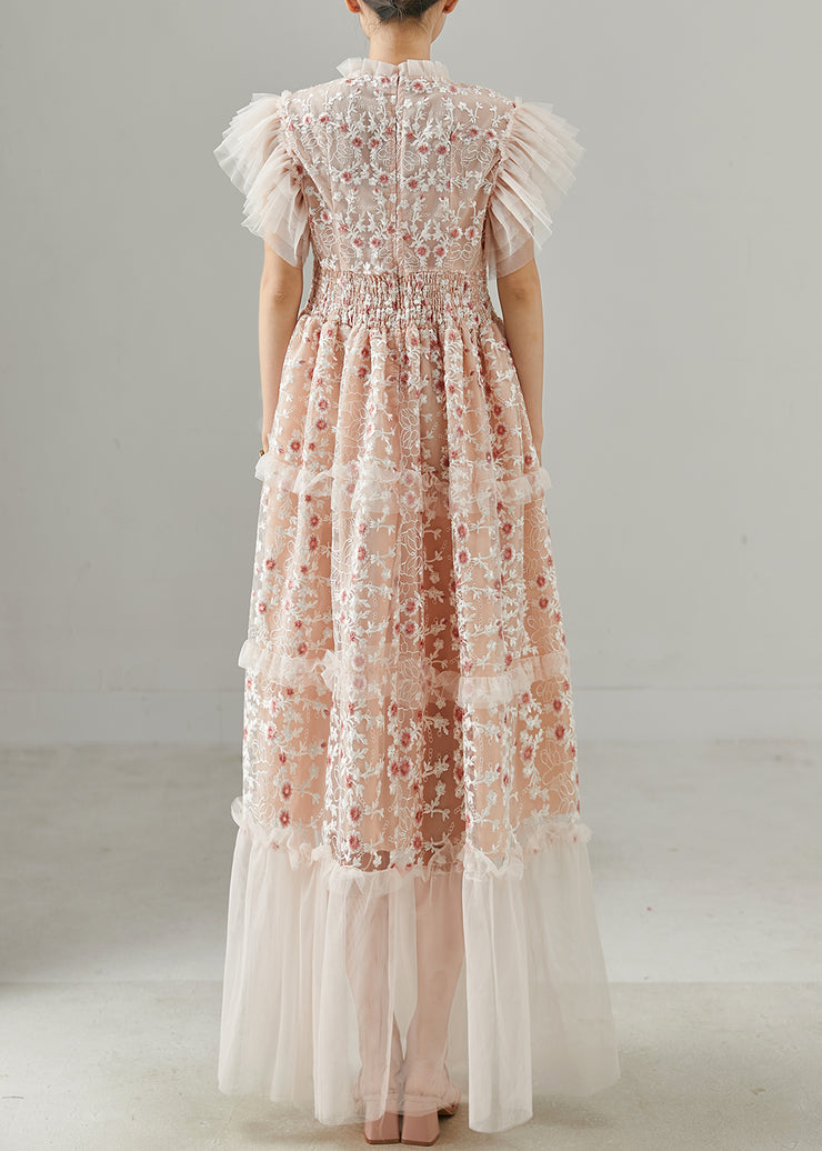 Apricot Patchwork Tulle Ankle Dress Embroidered Summer