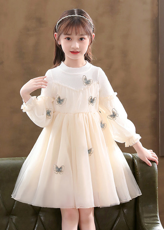 Apricot Patchwork Tulle Kids Girls Dresses Wrinkled Butterfly Fall