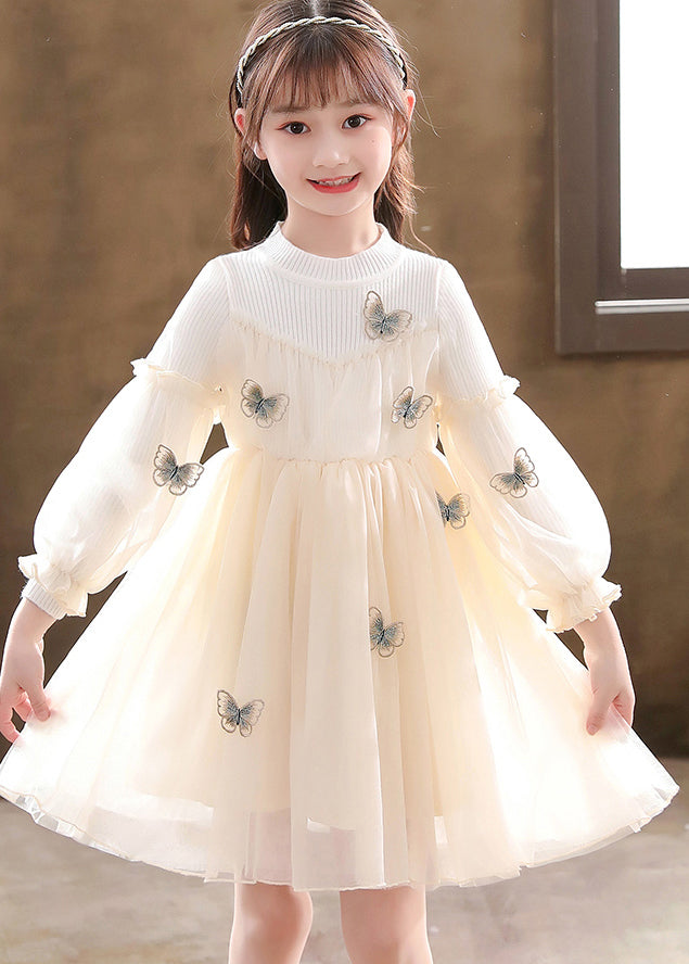 Apricot Patchwork Tulle Kids Girls Dresses Wrinkled Butterfly Fall